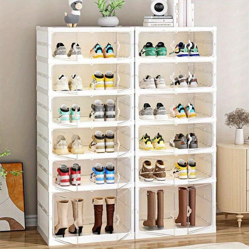 LDECO Foldable Shoe Rack Organizer For Closet Collapsible Shoes Storage Box Clear Shoe Boxes Stackable With Door Easy Assembly Shoe Cabinet Sneaker Light Case