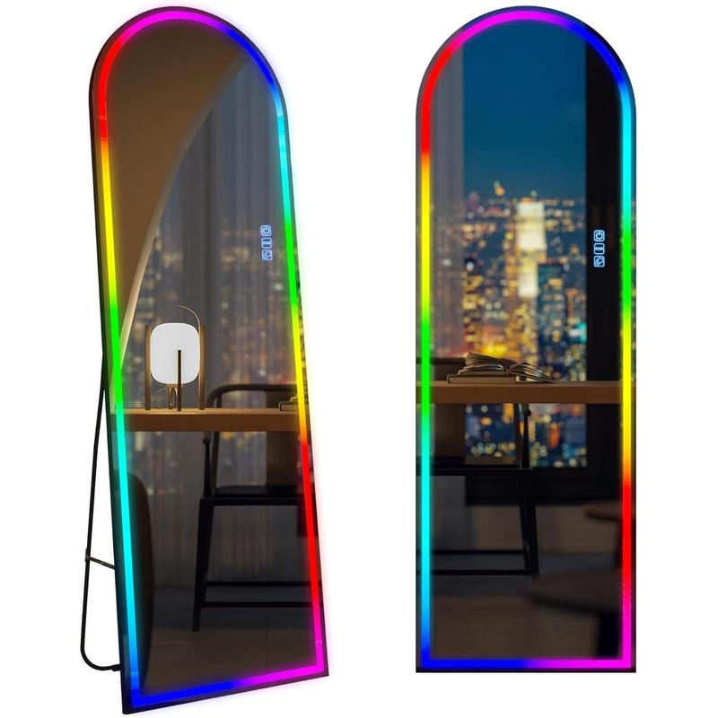 LVSOMT Arch Full Length Mirror with RGB LED Lights, Wall Mounted Floor Standing Full Body Mirror, Arched Light Up Mirror, Stand Up Lighted Mirror for Bedroom, Living Room