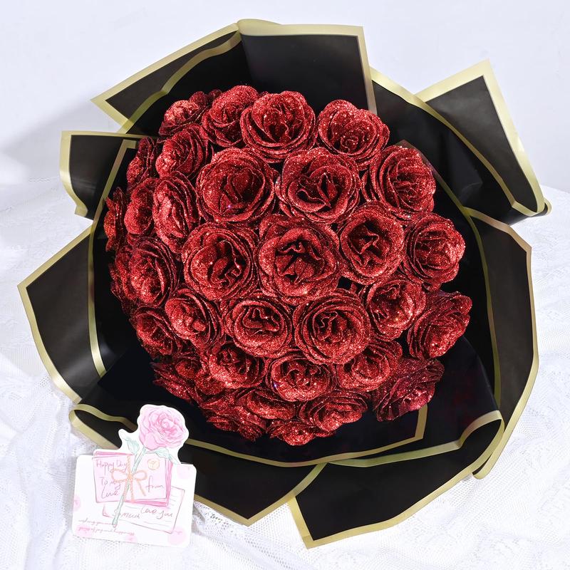 Gorgeous Glitter Roses Bouquet - DIY Artificial Shiny Red Roses, Perfect for Anniversary, Engagement & Wedding, Everlasting Glamour Unveiled