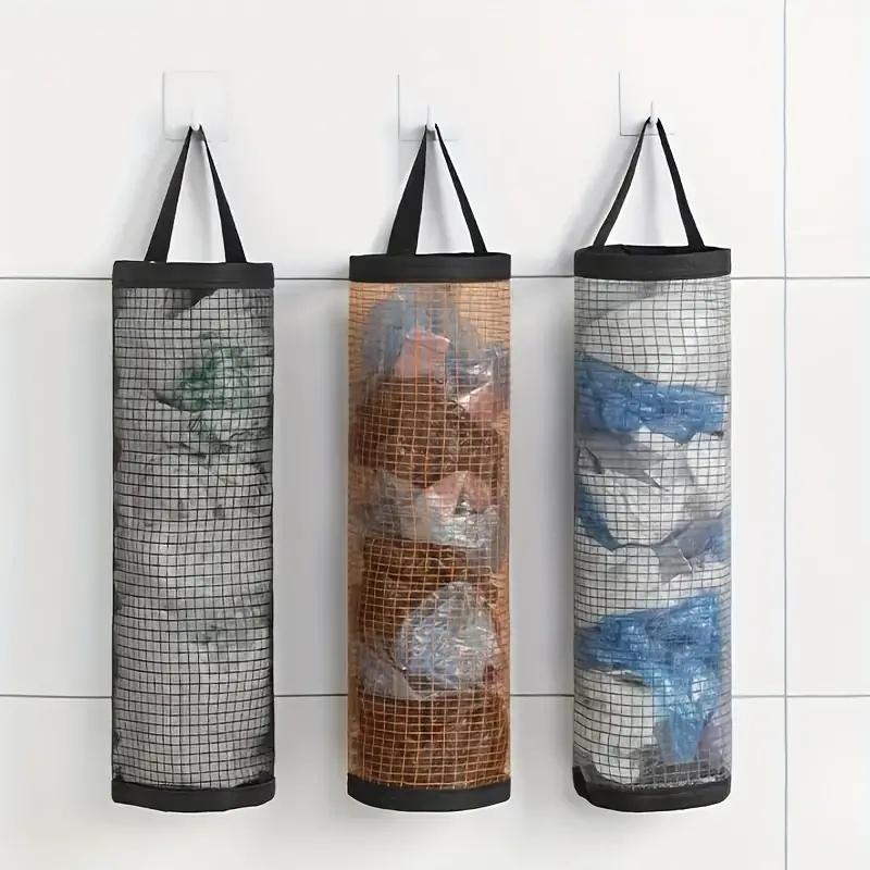 Garbage Bag Storage Hanging Bag, 3 Counts Wall Mounted Drawstring Shoe Storage Bag, Kitchen Plastic Bag Organizer, Woven Mesh Bag