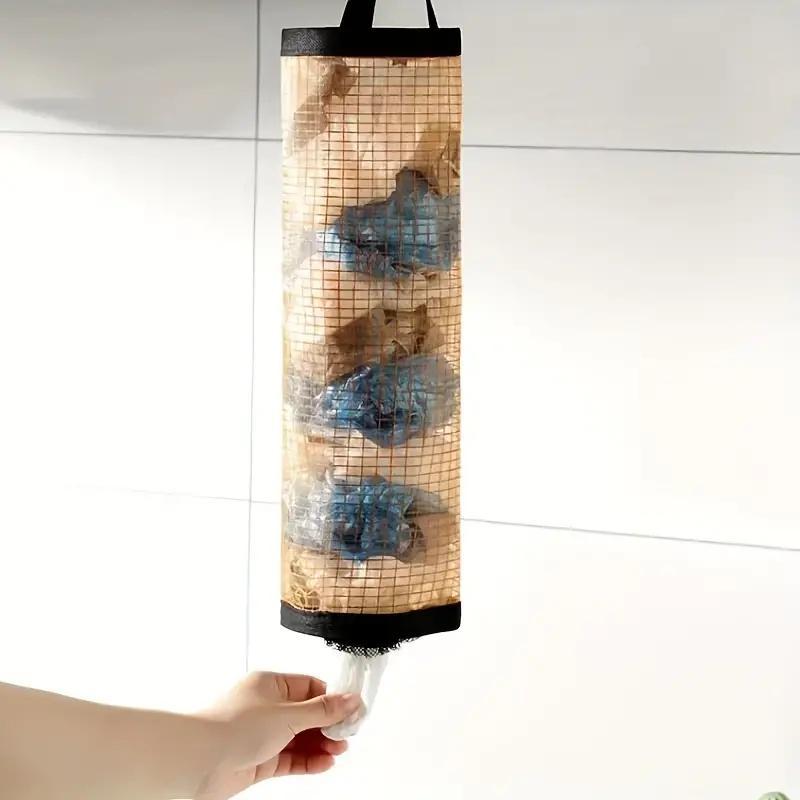 Garbage Bag Storage Hanging Bag, 3 Counts Wall Mounted Drawstring Shoe Storage Bag, Kitchen Plastic Bag Organizer, Woven Mesh Bag