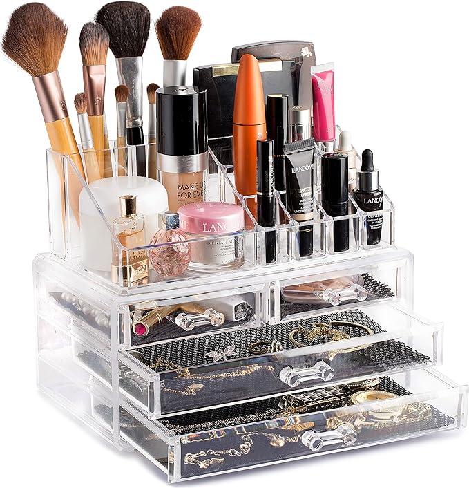 Makeup Organizer - Cosmetic Storage Organizer - 16 Compartments - Easily Sort Make Up & Jewelry - 4 Drawer Vanity Organizer