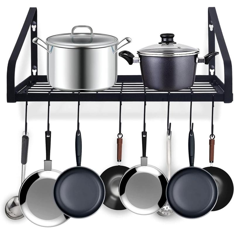 1 2 tiers Pot and Pan Hanger, Wall Mounted Pots and Pan Hanging Rack with 8 Hooks for Kitchen Cookware Utensils 2 DIY Methods Black Steel Hanging Pot Rack, storage holders & racks Organiser Hangable