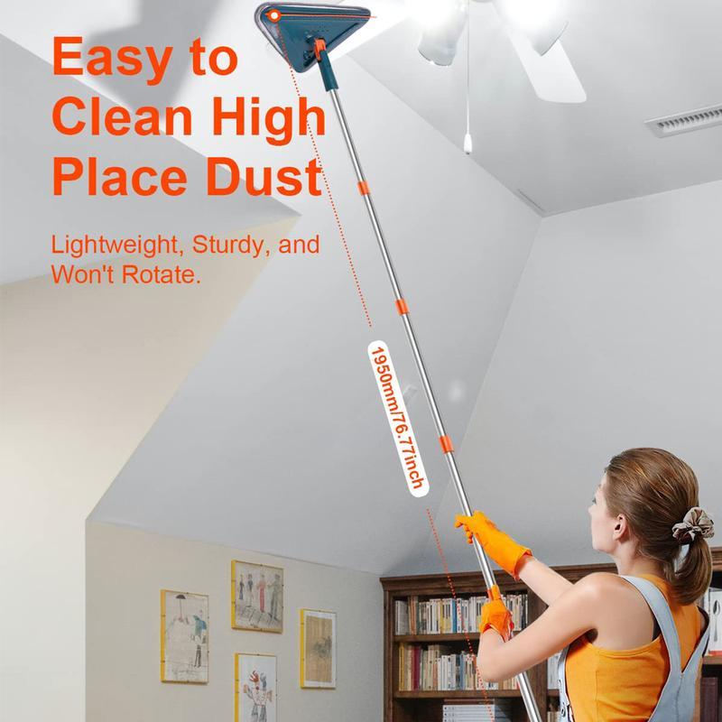 Long Handle Wall Cleaner Adjustable Length Wall Mop 360° Spinning Head Floor Wall Washing Cleaning Tool for Walls Ceiling Fans Floors Baseboards Dust Kitchen General Purpose, 6 Replacement Pads and 1 Silicone Squeegee