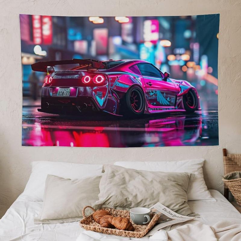 ANMOGID Car Tapestry Home Decor, R35 JDM Car Theme Tapestries for Bedroom Living Room Cool Wall Decor Neon Art Tapestry City Night View 40