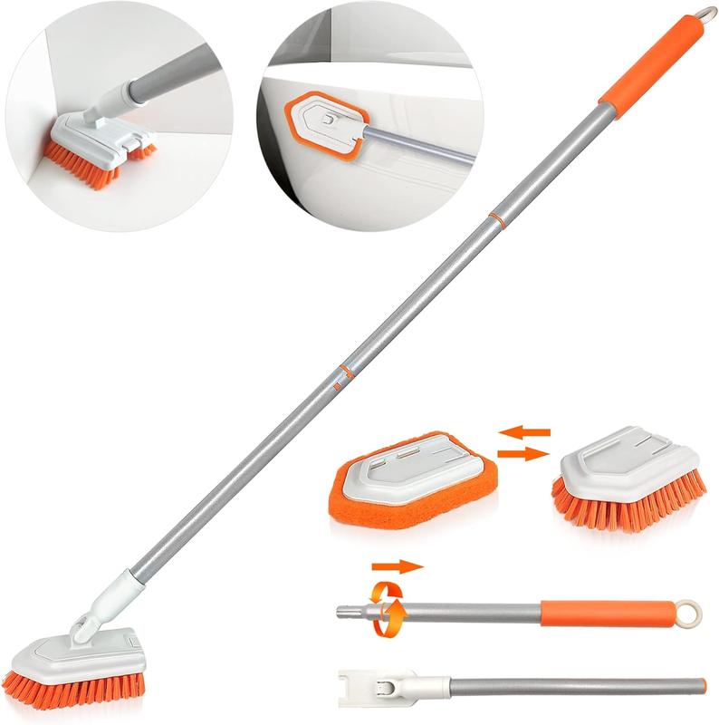 2-in-1 Tub and Tile Cleaning Brush with Long Handle, Shower Scrubber with Detachable Stiff Bristle Scrub Brush and Sponge  for Bathroom, Bathtub, Floor