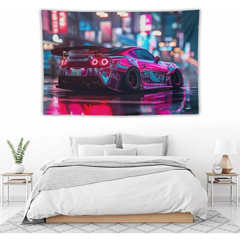 ANMOGID Car Tapestry Home Decor, R35 JDM Car Theme Tapestries for Bedroom Living Room Cool Wall Decor Neon Art Tapestry City Night View 40