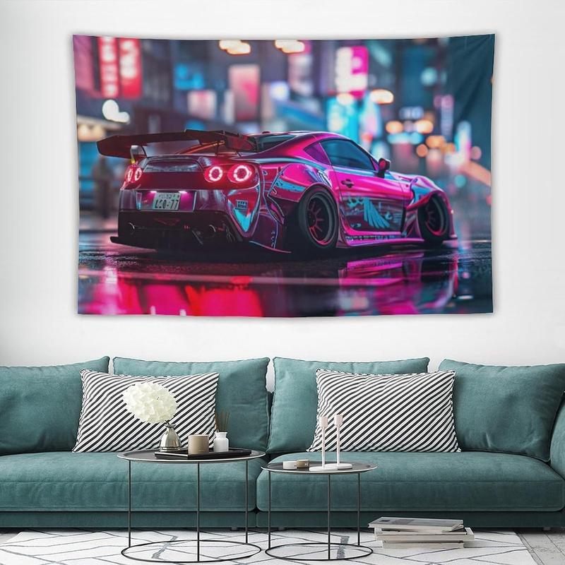 ANMOGID Car Tapestry Home Decor, R35 JDM Car Theme Tapestries for Bedroom Living Room Cool Wall Decor Neon Art Tapestry City Night View 40