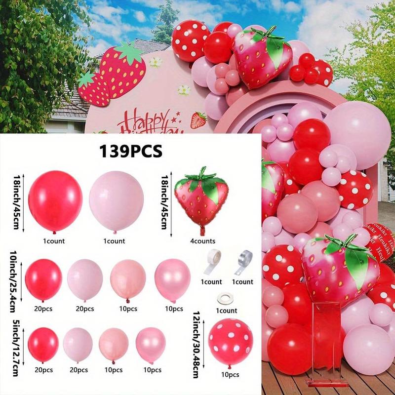 Strawberry Party Decoration Balloon Garland Arch Kit, 139pcs set Mixed Color Balloon Set, Fruit Themed Party Supplies for Birthday Wedding Graduation