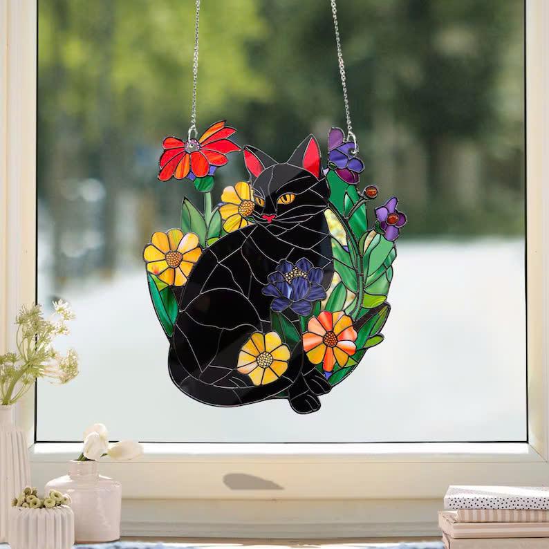 Black cat in flower garden Acrylic Window Hanging, Cat Mom gift, Mother's day gift, gardener gift, Cat lovers gift