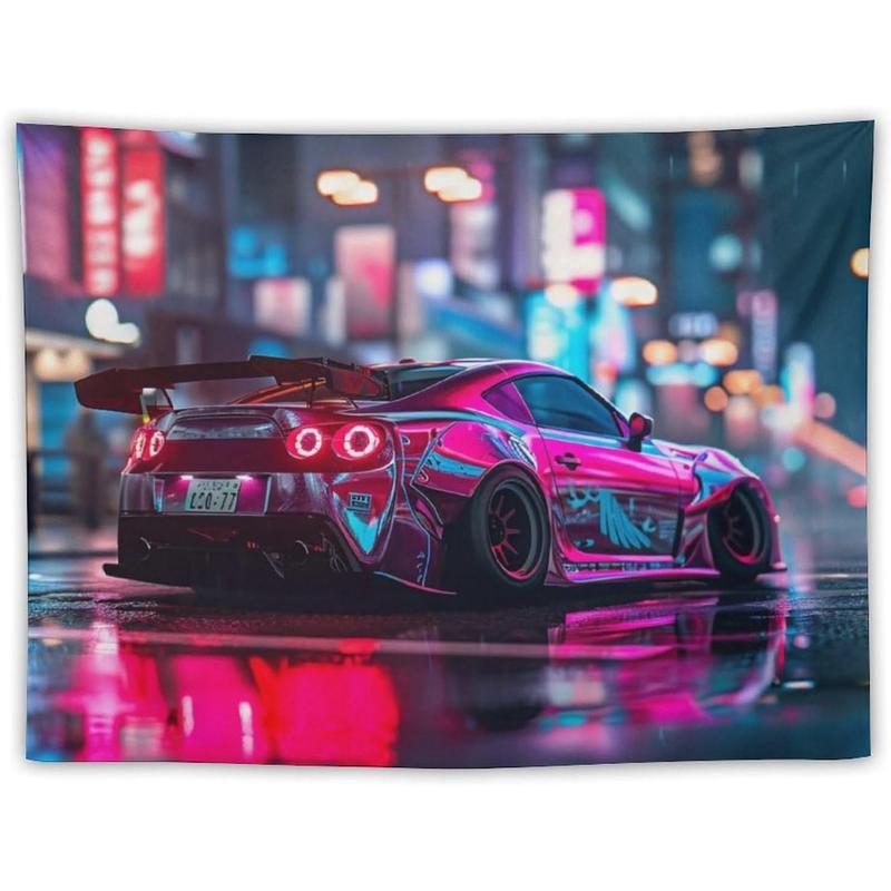 ANMOGID Car Tapestry Home Decor, R35 JDM Car Theme Tapestries for Bedroom Living Room Cool Wall Decor Neon Art Tapestry City Night View 40