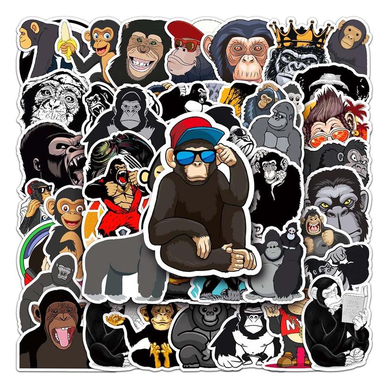 50pcs Cartoon Gorilla Pattern Sticker, Waterproof Self Adhesive Decor Paper, Decor Sticker for Gift Greeting Card Water Bottle Laptop Phone