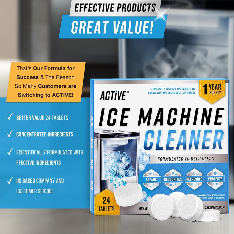 Ice Machine Cleaner Maker Descaler - 24 ACTIVE Clean Tablets Compatible with Frigidaire, Opal, GE Profile, Kitchenaid, Nickel Safe Scale Remover for Countertop, Nugget Ice Makers - Bulk 1 Year Supply  Key Product Feature