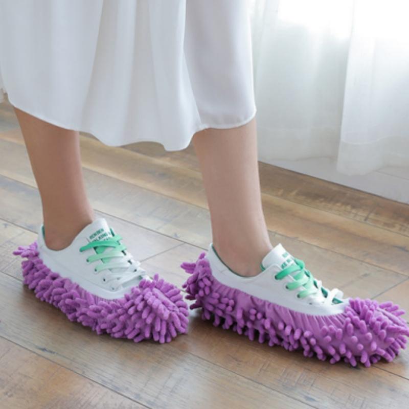 Washable Cleaning Shoes Cover Multifunction Chenille Duster Mop Slippers Foot Socks for House Floor, Pack of 2 Purple