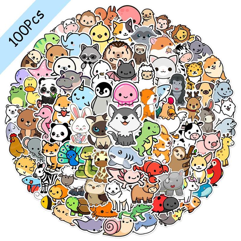 Cute Cartoon Animal Pattern Sticker (100pcs), Waterproof Self Adhesive Decor Sticker for Gift Greeting Card Water Bottle Laptop Phone Case