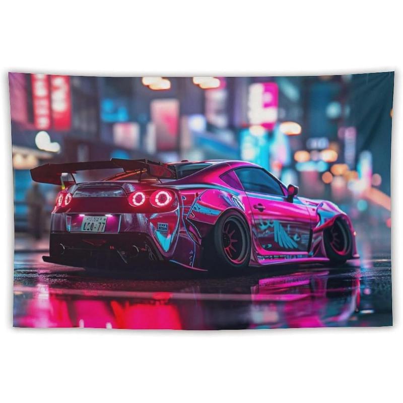 ANMOGID Car Tapestry Home Decor, R35 JDM Car Theme Tapestries for Bedroom Living Room Cool Wall Decor Neon Art Tapestry City Night View 40