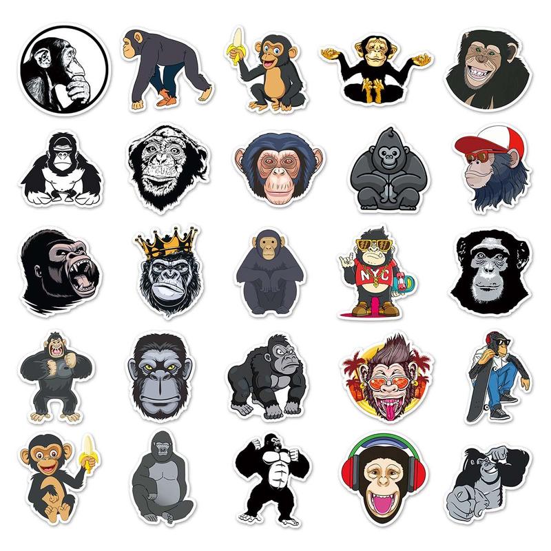 50pcs Cartoon Gorilla Pattern Sticker, Waterproof Self Adhesive Decor Paper, Decor Sticker for Gift Greeting Card Water Bottle Laptop Phone