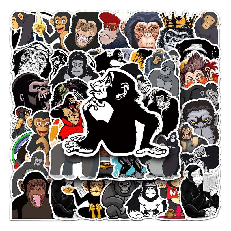 50pcs Cartoon Gorilla Pattern Sticker, Waterproof Self Adhesive Decor Paper, Decor Sticker for Gift Greeting Card Water Bottle Laptop Phone