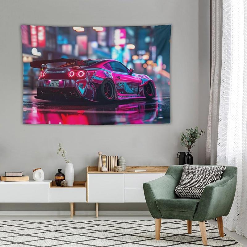 ANMOGID Car Tapestry Home Decor, R35 JDM Car Theme Tapestries for Bedroom Living Room Cool Wall Decor Neon Art Tapestry City Night View 40