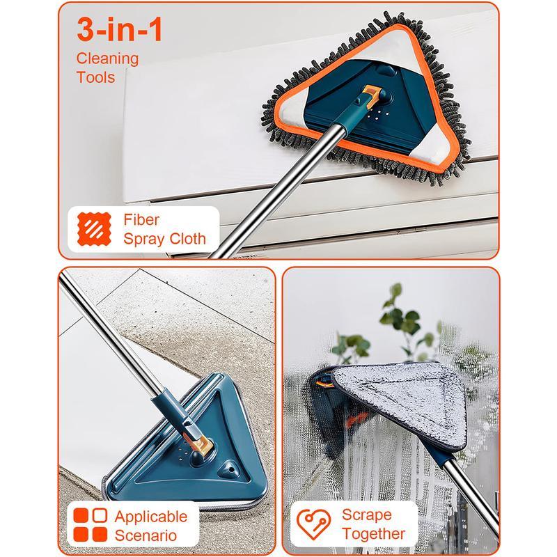 Long Handle Wall Cleaner Adjustable Length Wall Mop 360° Spinning Head Floor Wall Washing Cleaning Tool for Walls Ceiling Fans Floors Baseboards Dust Kitchen General Purpose, 6 Replacement Pads and 1 Silicone Squeegee