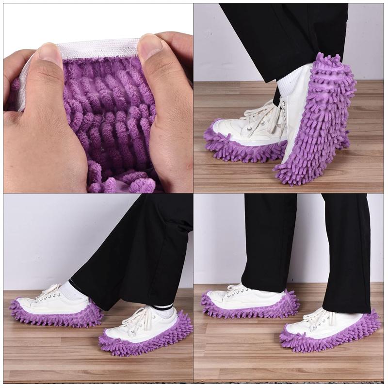 Washable Cleaning Shoes Cover Multifunction Chenille Duster Mop Slippers Foot Socks for House Floor, Pack of 2 Purple