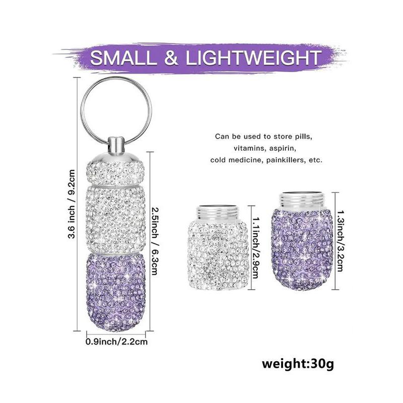 Pill Case Pill Container Snuff Rhinestone Pill Box Portable Waterproof Pocket Pill Holder Storage Bottle with Keychain for Travel, Outdoor, Camping