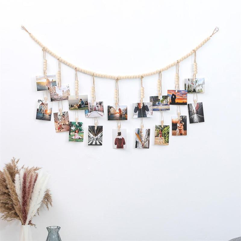 Boho Style Photo Display Rope with Clips, 1 Count Home Decor Hanging Photo Storage Pendant, Wooden Bead String, Wall Decoration