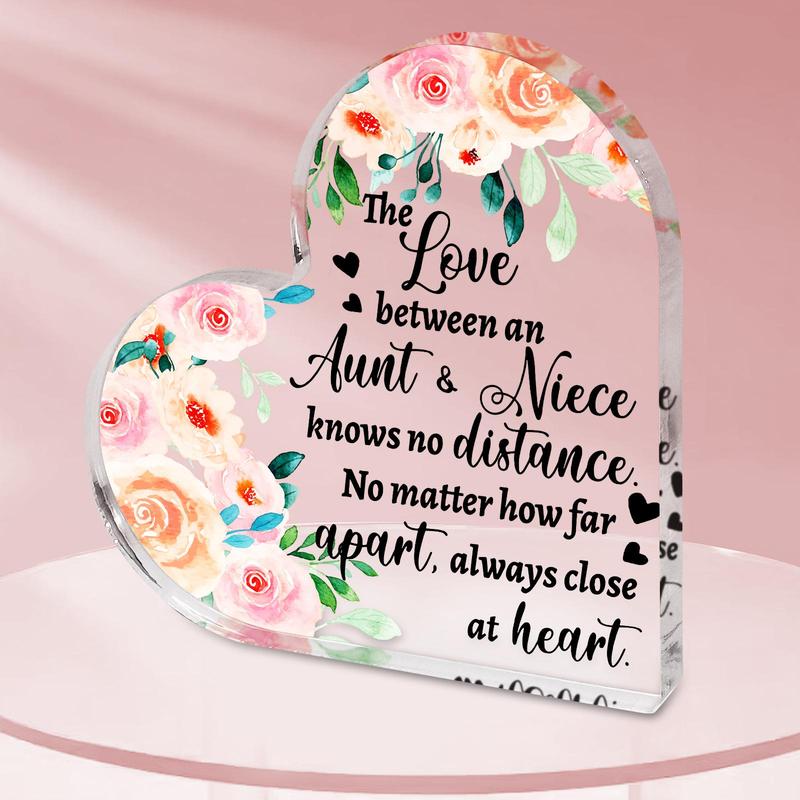 Flower Pattern Heart Shaped Acrylic Plaque, Creative Desktop Ornament, Home Decor for Living Room Bedroom Office, Gift for Aunt, Niece