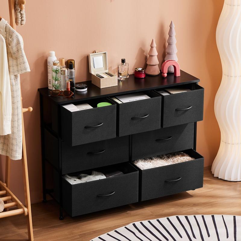 Organizer Storage, Chest Fabric Bins, Long Dresser with Wood Top for Bedroom, Closet, Entryway, 7-Drawers