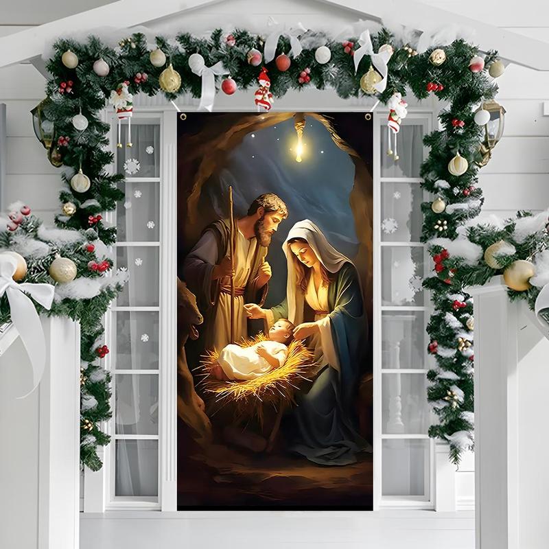 Nativity Scene Pattern Door Banner, 1 Count Christmas Themed Door Curtain, Jesus Birth Element Door Hanging Banner for Living Room Bedroom Home Dormitory