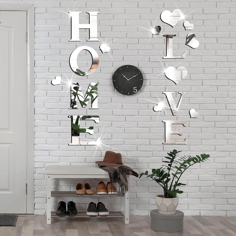 Love Letter & Heart Shaped 3D Mirror Wall Sticker, 28pcs set Home Sign Acrylic Wall Decal, DIY Wall Decor for Home Living Room Bedroom