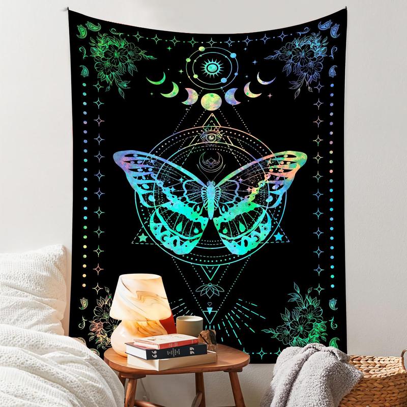 1 Count Dreamy Butterfly Pattern Throw Blanket, Boho Moon & Butterfly Tapestry, Wall Hanging Decor for Home Bedroom Living Room