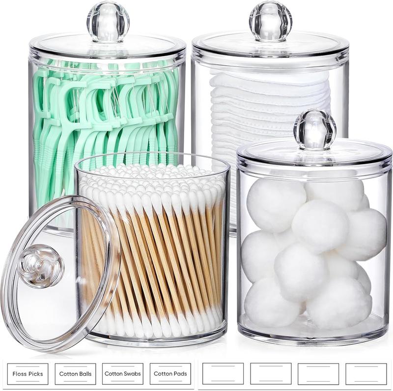 4 Pack Acrylic Qtip Holder Dispenser for Cotton Swabs, Balls, Pads, Floss Picks- Small Clear Plastic Canister Apothecary Jar Set, Bathroom Essentials Accessories Decor, Vanity Makeup Storage Organizer Bottles Containers