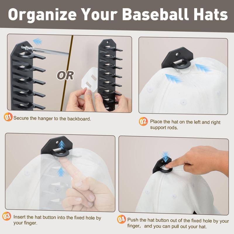 Baseball Cap Organizer, 4 Counts set Wall Mounted Hat Storage Rack with Self-adhesive Sticker and Screws, Hat Hanger Display for Door Closet