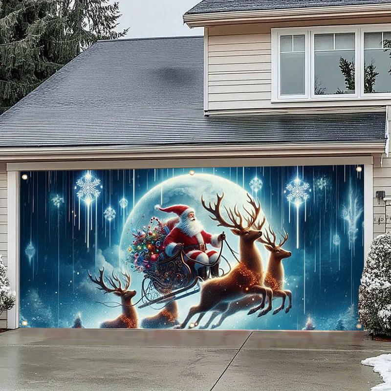 Christmas Themed Garage Door Cover, Santa Claus Reindeer Sleigh Pattern Garage Door Banner, Outdoor Holiday Decoration for Home, Festive & Party Supplies