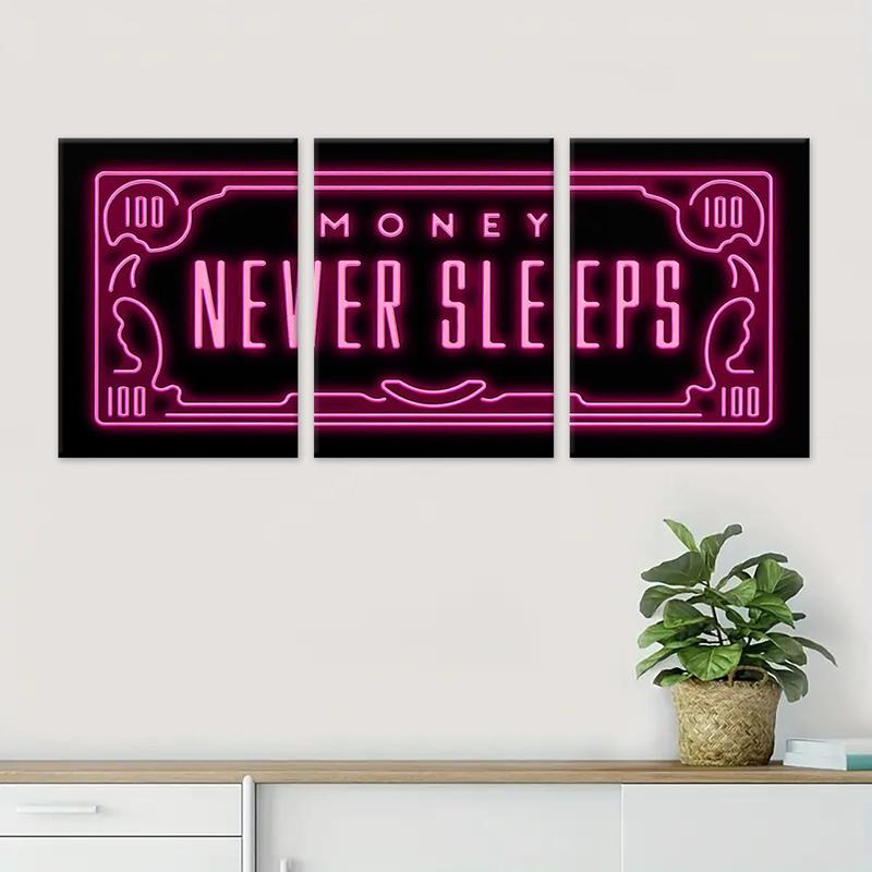 Neon Money Design Wooden Framed Canvas Poster, 3 Counts set Modern Art Wall Decoration, Wall Art for Home Living Room Bedroom Office Room Decor, Christmas 2024 Ornament, Christmas Gift Ideas, Stocking Stuffers