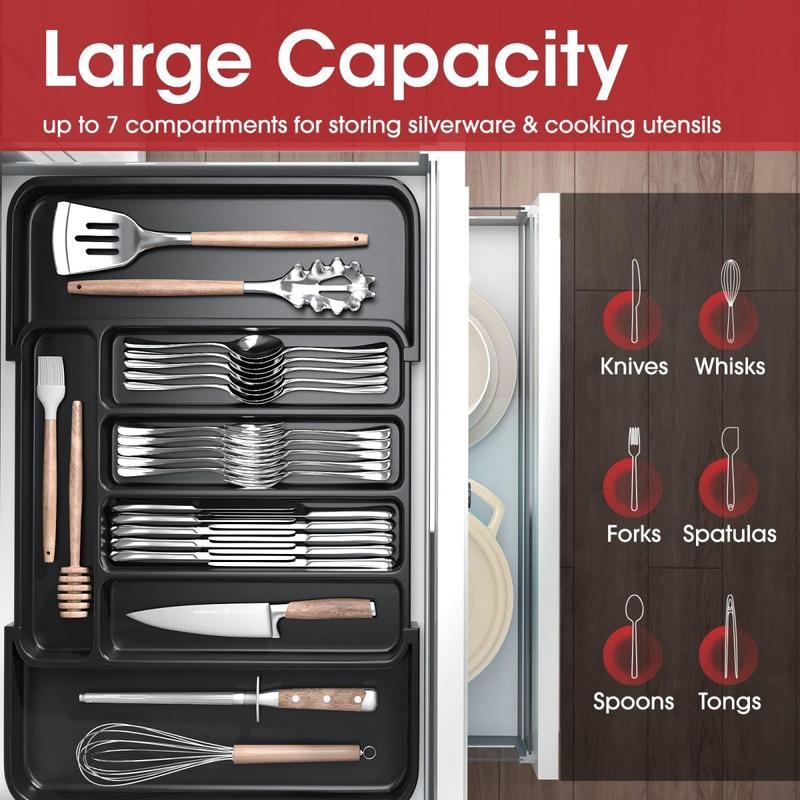 Black Silverware Organizer - Expandable Kitchen Drawer Organizer, Adjustable Utensil Organizer, Cutlery Drawer Organizer for Forks, Knives, Multipurpose Kitchen Organizers and Storage