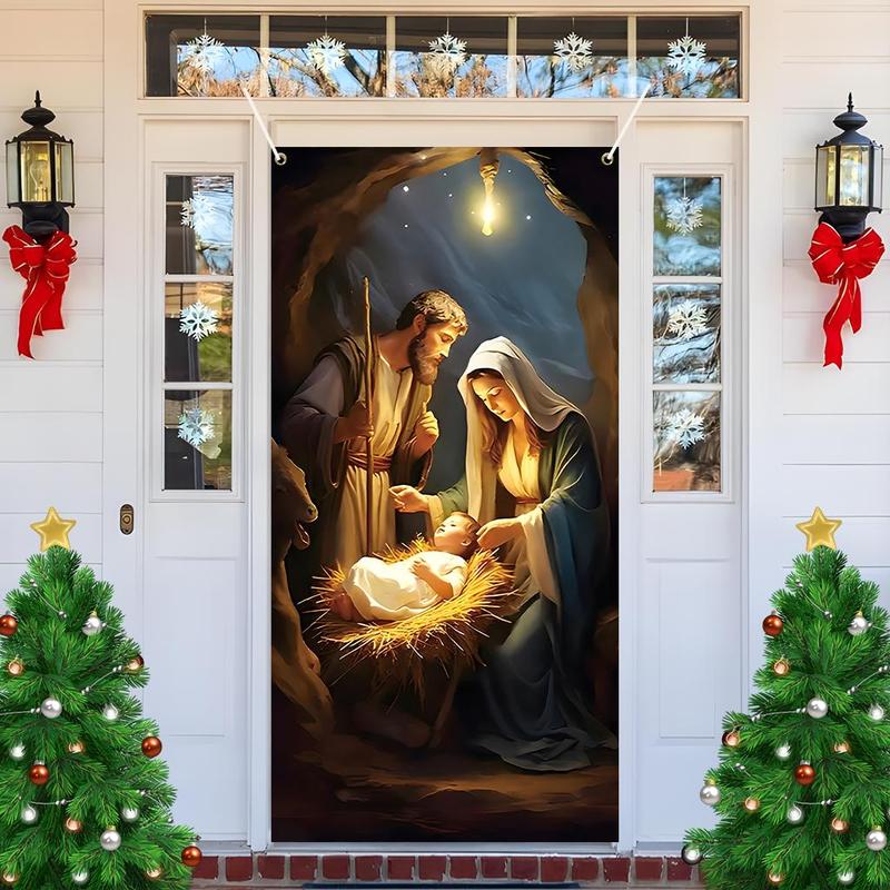 Nativity Scene Pattern Door Banner, 1 Count Christmas Themed Door Curtain, Jesus Birth Element Door Hanging Banner for Living Room Bedroom Home Dormitory