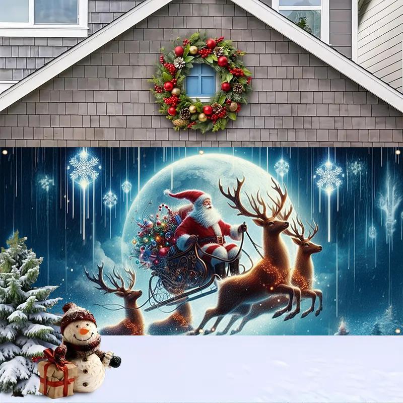 Christmas Themed Garage Door Cover, Santa Claus Reindeer Sleigh Pattern Garage Door Banner, Outdoor Holiday Decoration for Home, Festive & Party Supplies