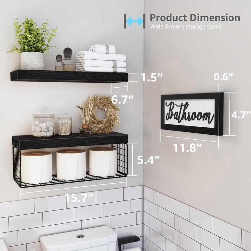 ‎Bathroom Shelves Over Toilet Paper Storage Wall Mounted Farmhouse Decor Decorations Aesthetic Décor Sign Small Floating Wall Shelf 2+1 Set 16 inch, Black