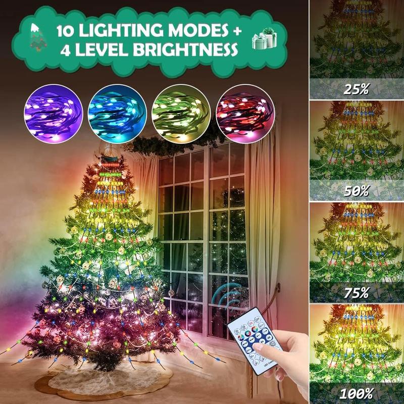 Christmas Tree String Lights with Ring Smart APP Control, 200 LED Music Sync Color Changing Indoor Decorations Waterfall Lights, IP65 Waterproof 6.6ft 10 Lines with Remote for Wedding Party Home