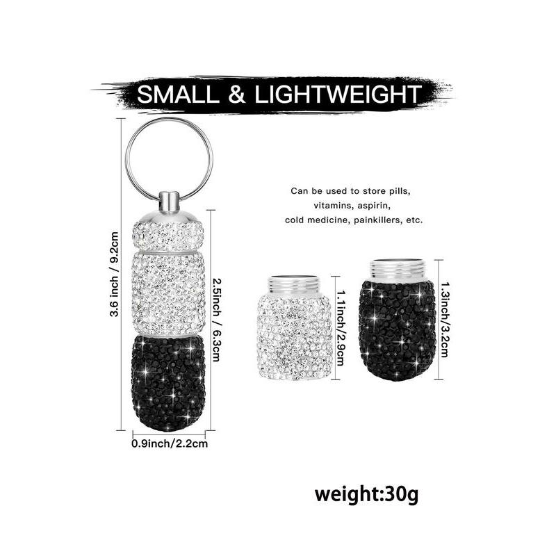 Pill Case Pill Container Snuff Rhinestone Pill Box Portable Waterproof Pocket Pill Holder Storage Bottle with Keychain for Travel, Outdoor, Camping