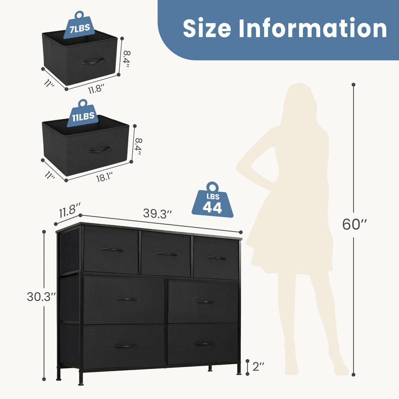 Organizer Storage, Chest Fabric Bins, Long Dresser with Wood Top for Bedroom, Closet, Entryway, 7-Drawers