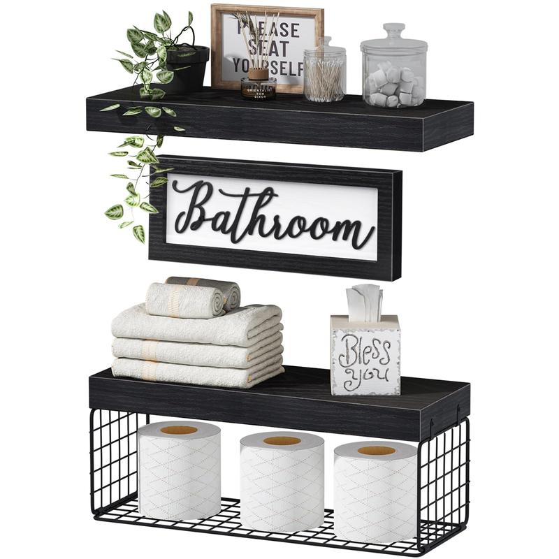 ‎Bathroom Shelves Over Toilet Paper Storage Wall Mounted Farmhouse Decor Decorations Aesthetic Décor Sign Small Floating Wall Shelf 2+1 Set 16 inch, Black