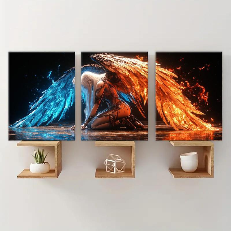 Colorful Wings Angel Pattern Wall Art, 3 Counts set Wooden Framed Canvas Painting, Waterproof Wall Decoration for Home Living Room Bedroom Office