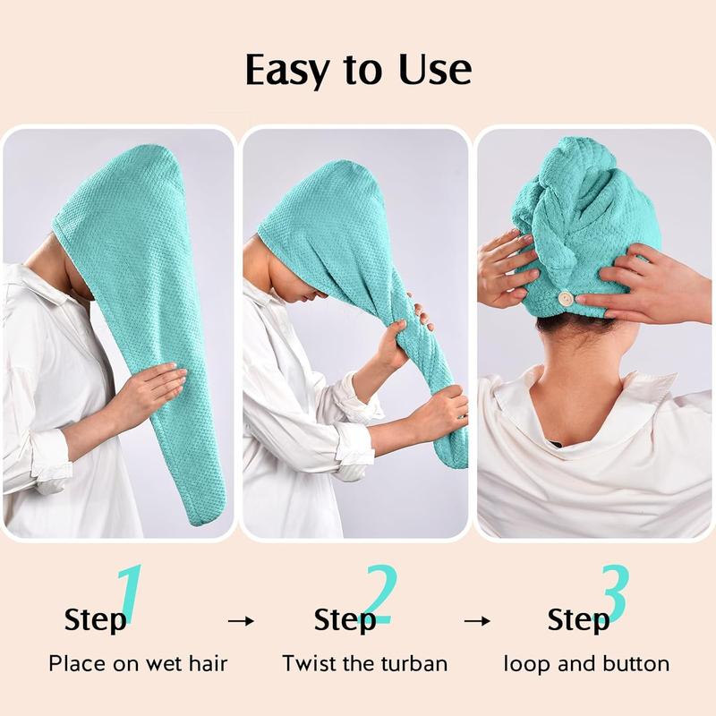 2 Pack Large Microfiber Hair Towel Wrap for Women, Thicken Super Absorbent Quick Dry Hair Turban for Drying Curly Long Thick Hair Anti Frizz, Hair Drying Towel with Button for Wet Hair