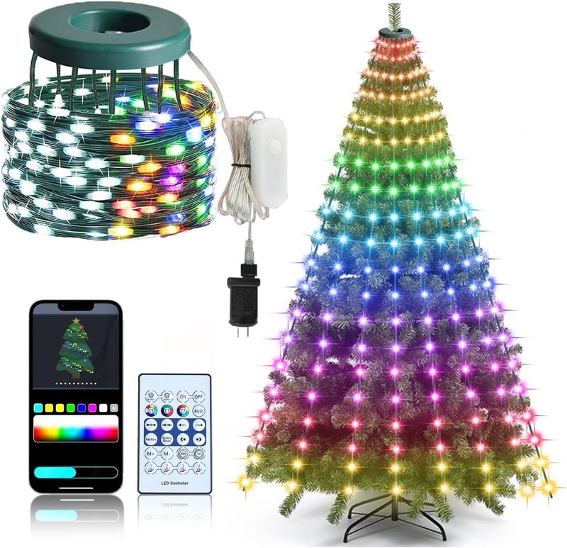 Christmas Tree String Lights with Ring Smart APP Control, 200 LED Music Sync Color Changing Indoor Decorations Waterfall Lights, IP65 Waterproof 6.6ft 10 Lines with Remote for Wedding Party Home