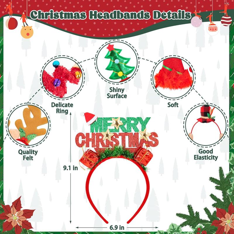 12 PCS Christmas Headbands, Felt Xmas Head Topper, Various Design Santa Hat Snowman Reindeer Antler Bow Elf Hat Headpieces for Women Adults Christmas Party Supplies