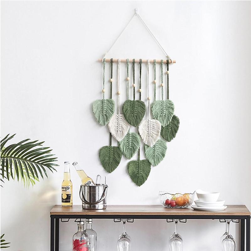 Wall Hanging Decor Leaves Tapestry Boho Wall Decor Woven Feather Handmade Yarn Tassels Woven Wall Art Decorations for Bedroom, Living Room, Apartment Home Backdrop (LightGreen)