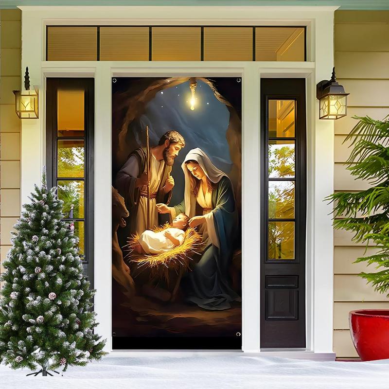 Nativity Scene Pattern Door Banner, 1 Count Christmas Themed Door Curtain, Jesus Birth Element Door Hanging Banner for Living Room Bedroom Home Dormitory